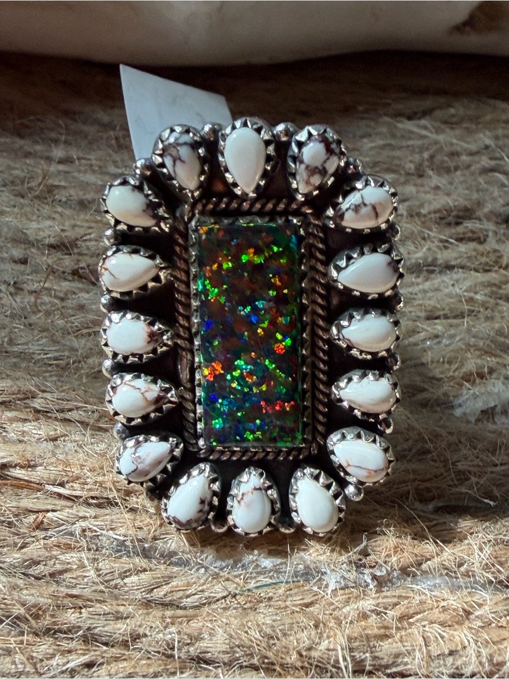Sterling Sliver Wild Horse and Aurora Opal Statement Ring